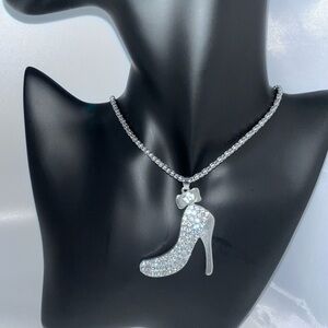 Spiked Stiletto High Heel Rhinestone Shoe Pendant Necklace Stud Earrings Set